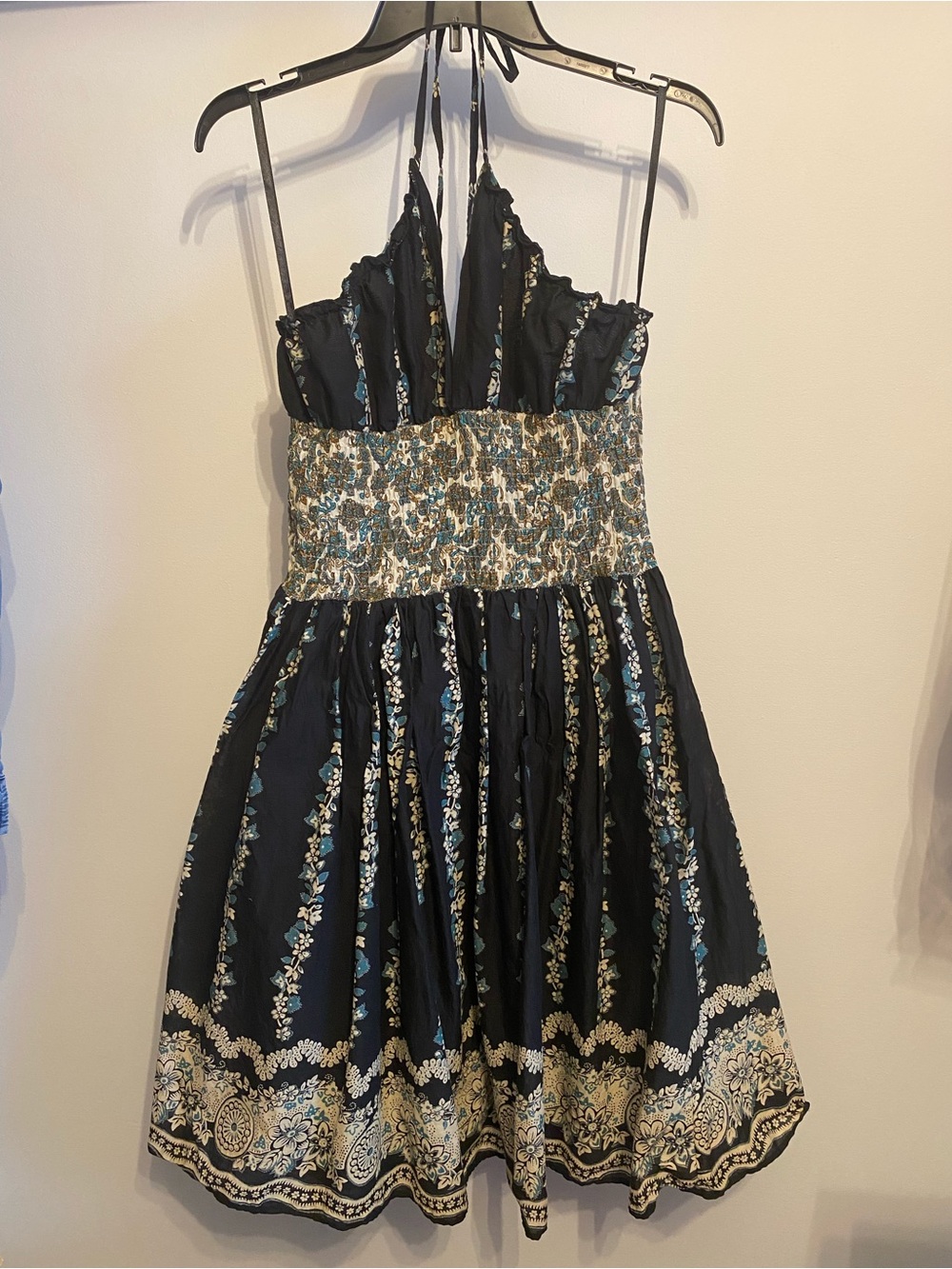 Women’s Black Floral Smocked Waist Halter Sundress- Size Medium